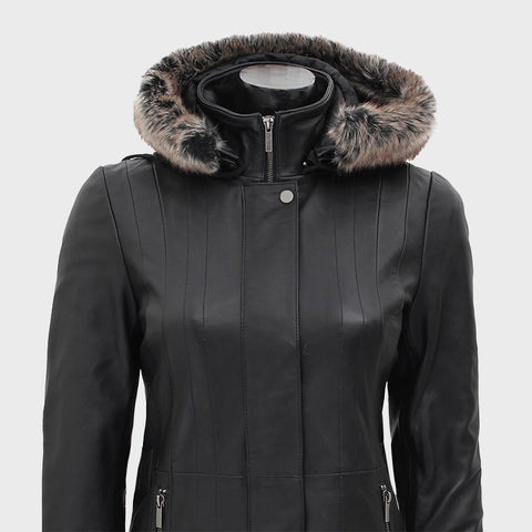 Womens-Hooded-Black-Long-Fur-Collar-Leather-Coat