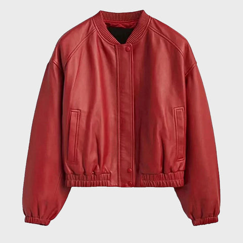 Women's Red Leather Bomber Jacket