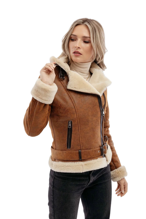 Rumella Brown Aviator Shearling Leather Bomber Jacket