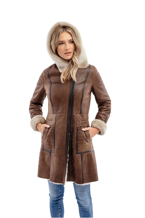 Zenna Coffee Brown Aviator Leather Bomber Coat