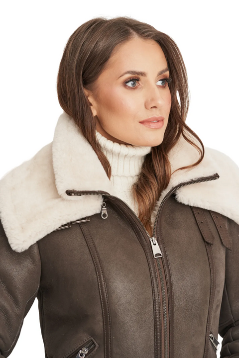 Annie Brown Aviator Shearling Leather Bomber Jacket