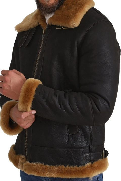Black Aviator Flight B3 Bomber Shearling Leather Jacket