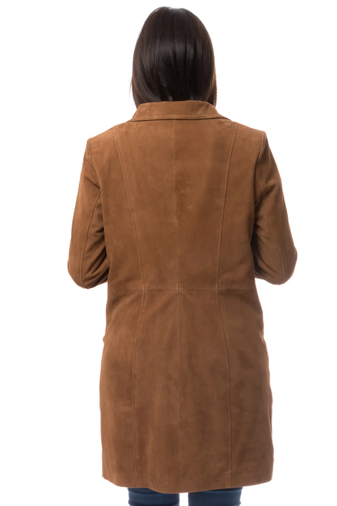 Brown Suede Leather Long Coat With Lapel Collar