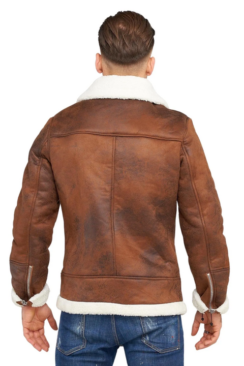 Bomia Brown Leather Bomber Jacket With Fur Collar