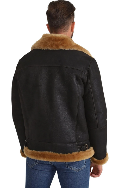 Black Aviator Flight B3 Bomber Shearling Leather Jacket