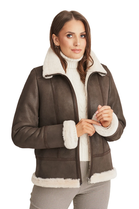 Annie Brown Aviator Shearling Leather Bomber Jacket