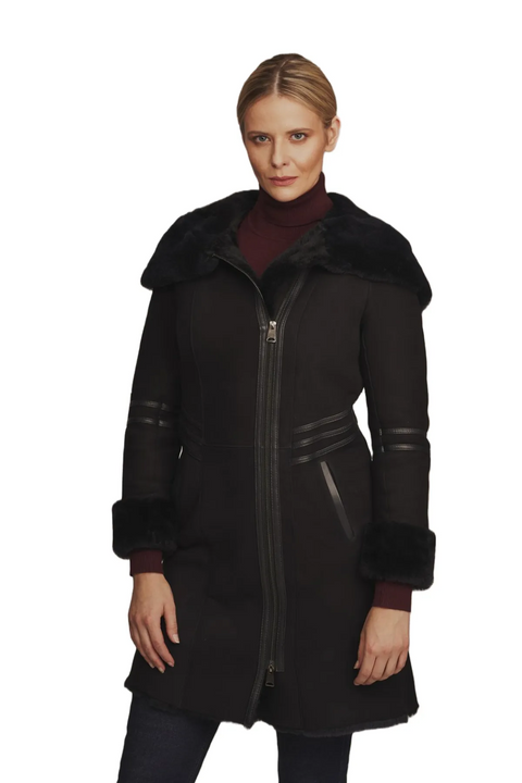 Erica B3 Black Shearling Aviator Leather Coat