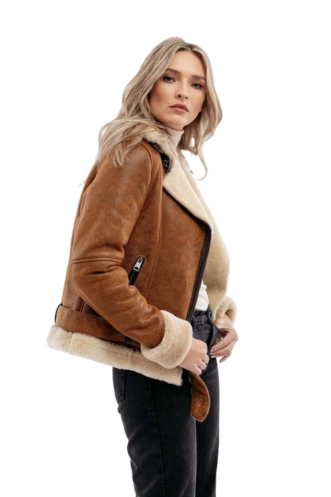 Rumella Brown Aviator Shearling Leather Bomber Jacket