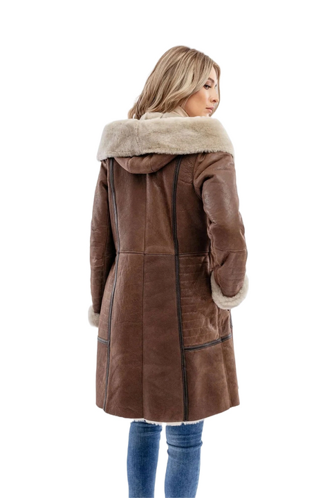 Zenna Coffee Brown Aviator Leather Bomber Coat