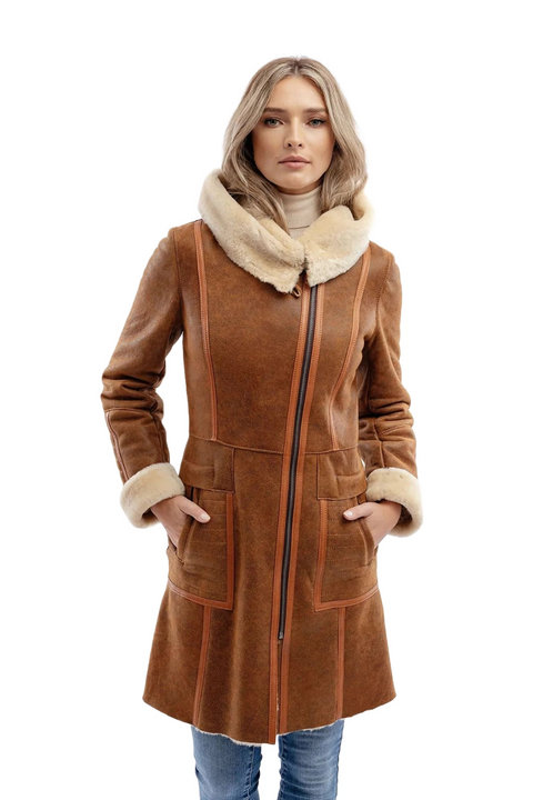 Rumella Waxed Brown Aviator Leather Bomber Coat