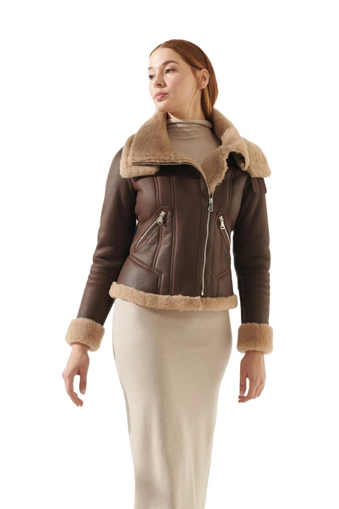Mia Brown Aviator Shearling Leather Bomber Jacket