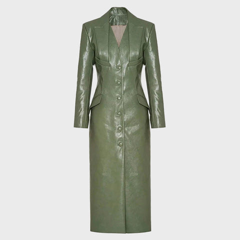 womens-green-long-leather-coat