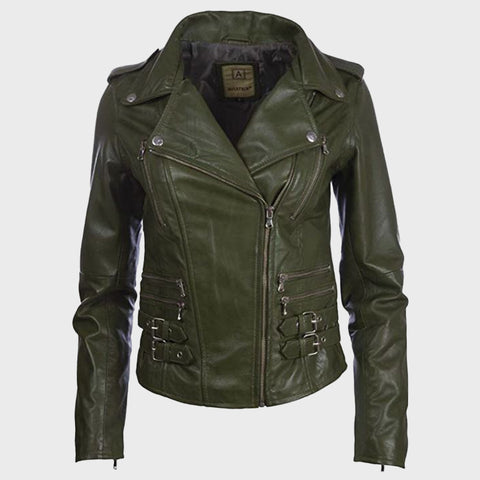 womens-green-real-leather-cross-zip-multi-zip-biker-jacket
