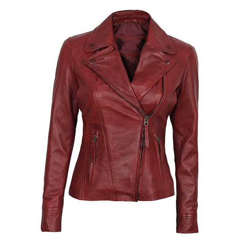 Victoria Maroon Leather Biker Jacket Women