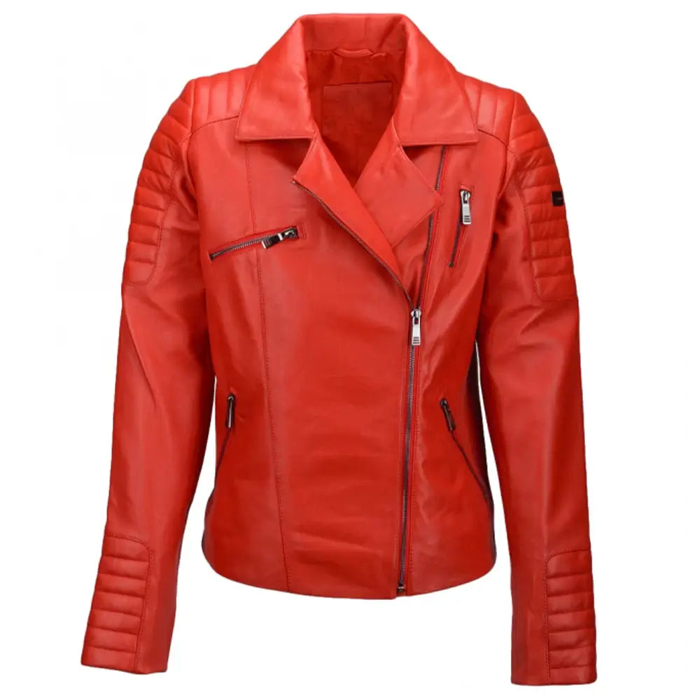 Women's Red Leather Biker Jacket Newyork Leather Company