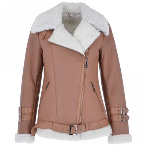Women’s Light Tan Side Zip Sheepskin Pilot Leather Jacket
