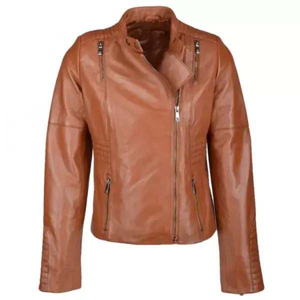 Women's Tan Biker Style Leather Jacket Newyork Leather Company