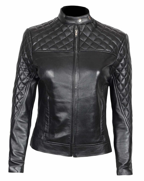 Womens Cafe Racer Quilted Real Leather Jacket - New York Leaher Company