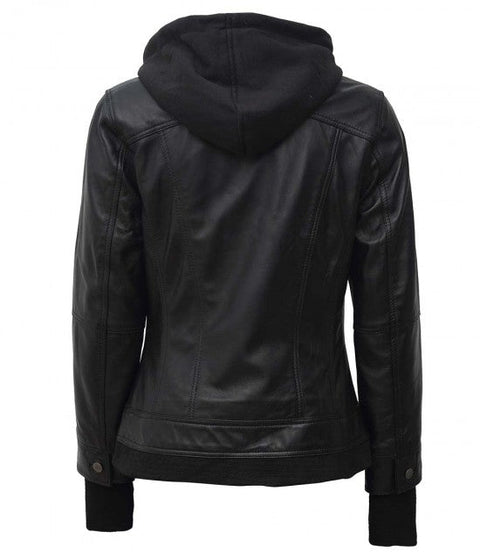 Womens Black Leather Motorcycle Jacket with Hood