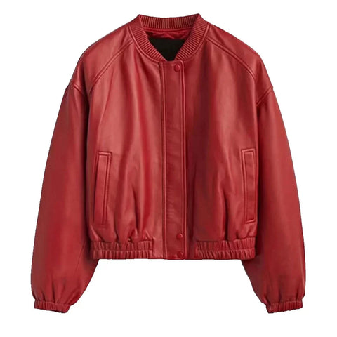 Women's Red Leather Bomber Jacket
